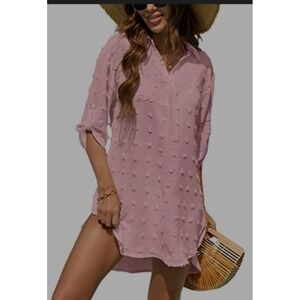B Womens SwimSuit Cover Up Large Semi Sheer Fuzzydot Tunic Dress Pink‎ Slit Hem